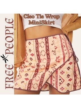 FREE PEOPLE NWT Cleo Woodblock-Printed Side Tie Faux Wrap Cotton Mini Skirt/Sz8